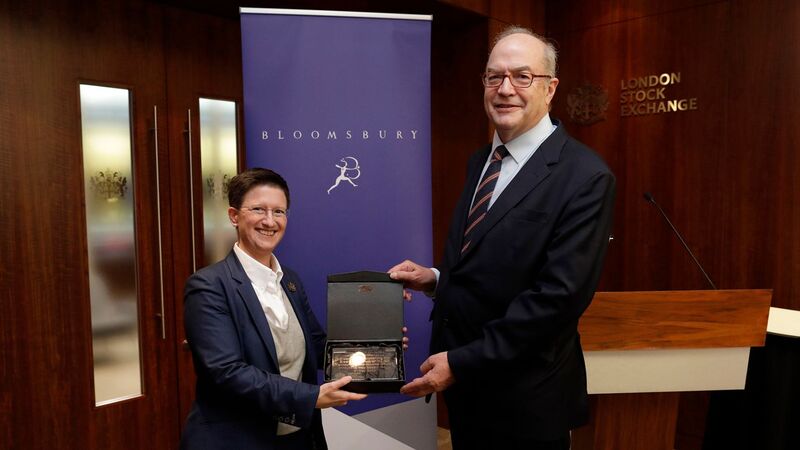 Julia Hoggett, London Stock Exchange, with Nigel Newton, c.e.o. Bloomsbury