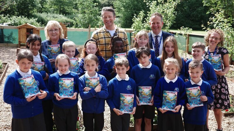 Jamie Oliver opens Essex school garden to celebrate second children’s book with Puffin