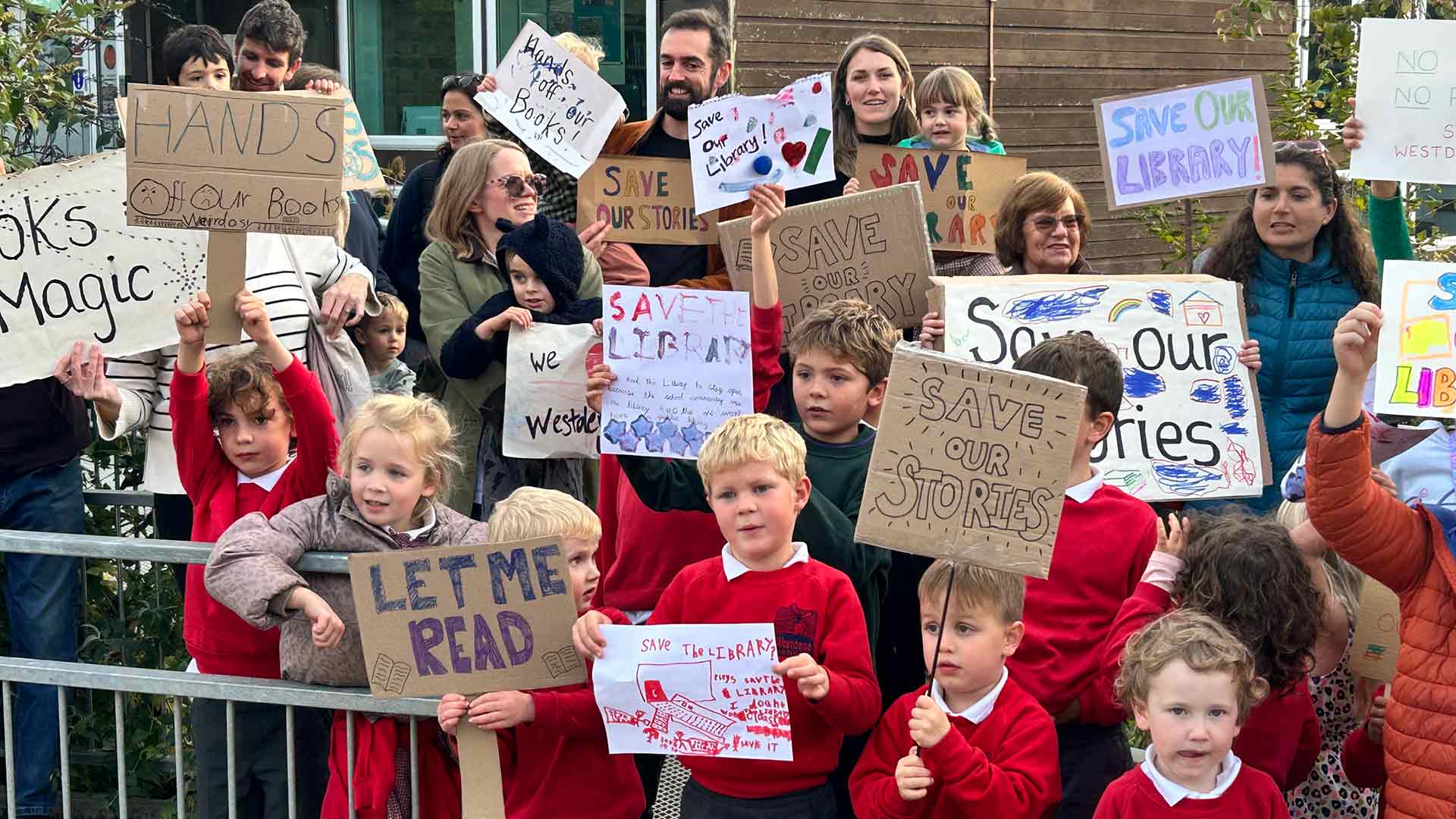 Protestors outside Westdene Library, Brighton