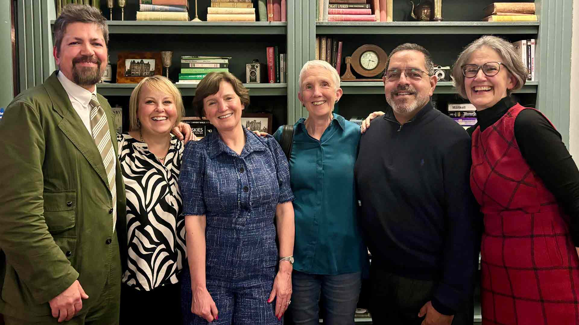Ann Cleeves with Lucy Hale and her four agents at The Killing Stones book launch in Orkney. L-R: Caspian Dennis, Rebecca Watson, Lucy Hale, Ann Cleeves, Moses Cardona and Sandy Violette