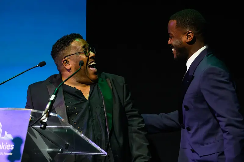 Roy Williams and Ncuti Gatwa, winners of Audio of the Year for Gatsby in Harlem, at The British Audio Awards &copy; David Monteith-Hodge