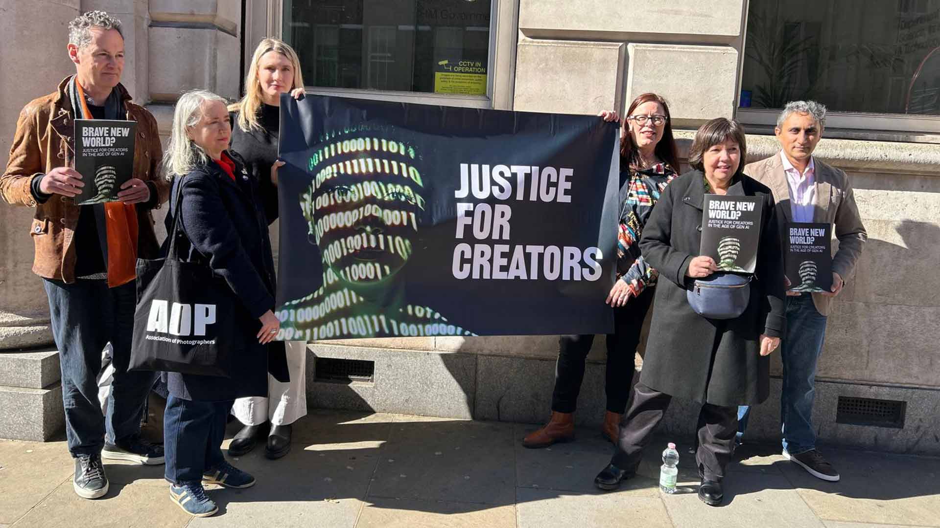 Authors and other creative organisations gather outside the offices of the Department for Science, Innovation and Technology in preparation for the government's Announcement on 18th March