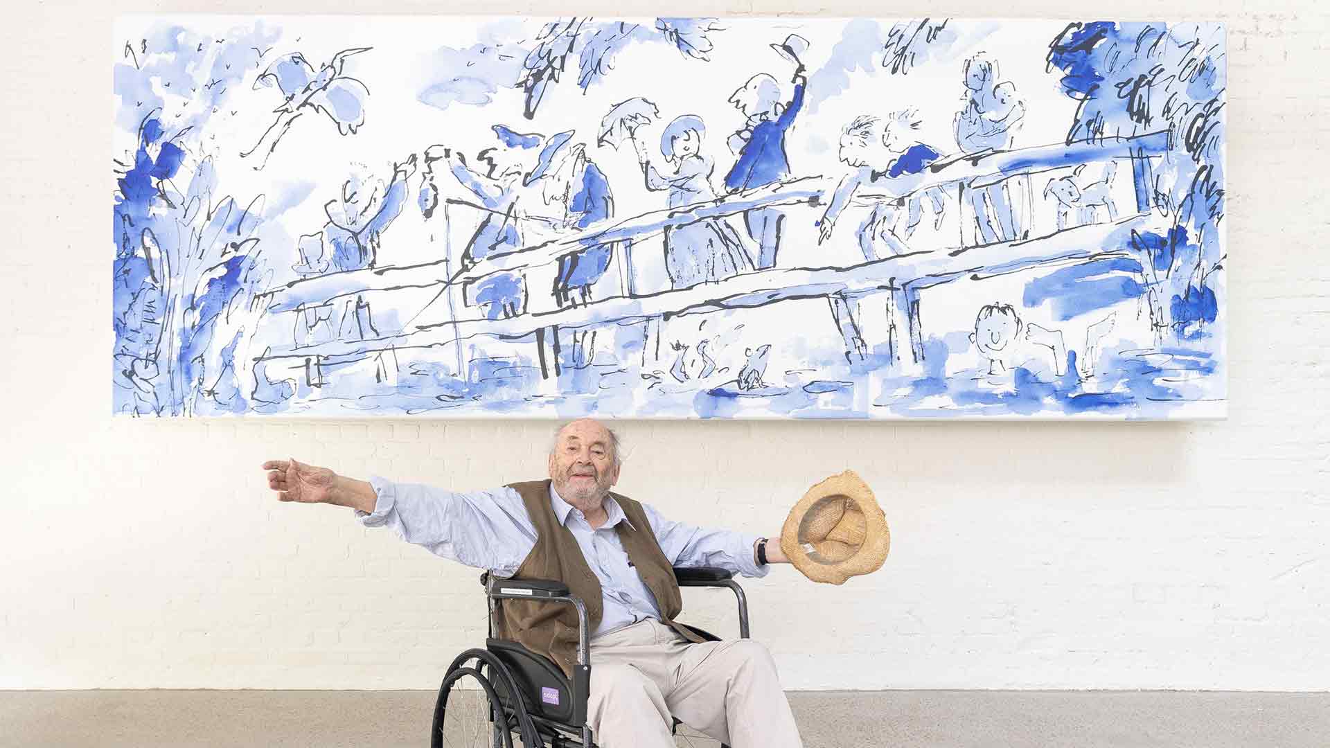 Quentin Blake with A Bridge to the Past, a new mural commissioned for the Quentin Blake Centre for Illustration 2026